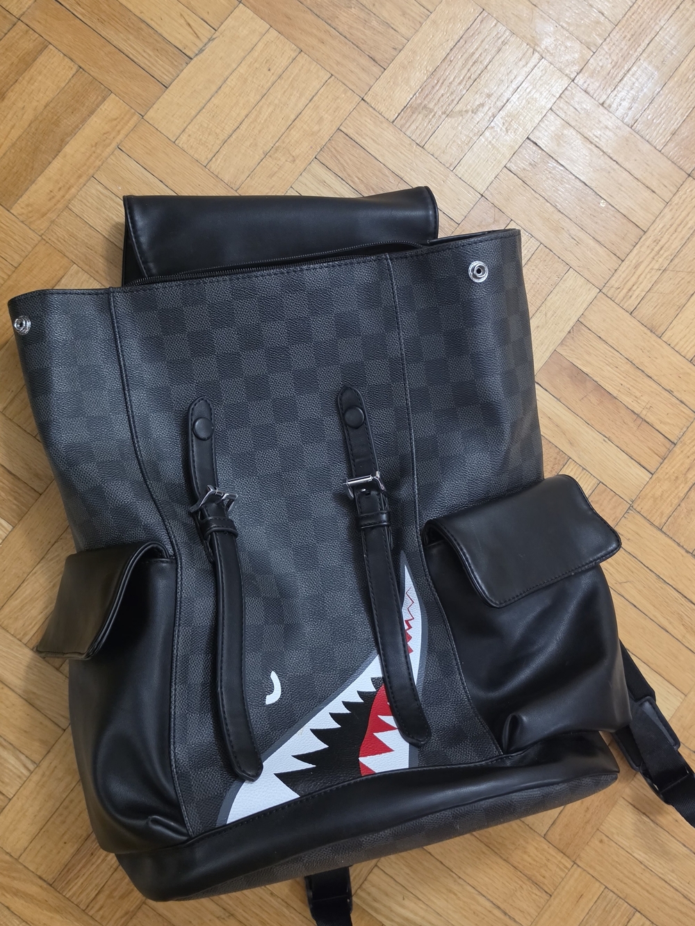 Men's Black Checkered Shark-Print Backpack